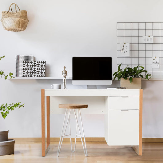 Scrivania Moderna per Computer, Postazione di Lavoro con Armadietto e Cassetto, Design Semplice ed Elegante, Scrivania con Superficie Liscia, Ideale per Casa e Ufficio