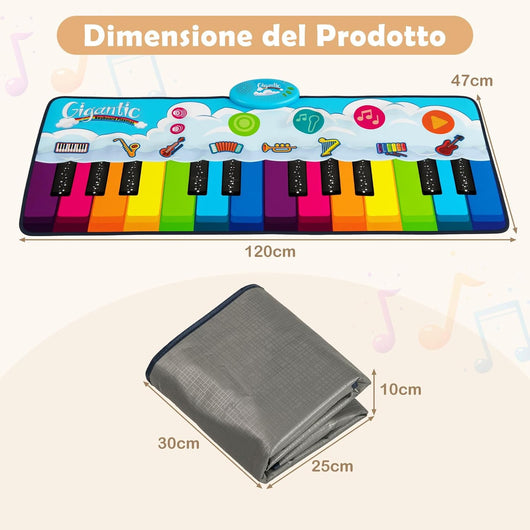Tappetino Musicale per Bambini, Tappeto Pianoforte con 8 Suoni di Strumenti, Tastiera Colorata e Musica Integrata, Giocattolo Educativo per Bambini 3+ Anni