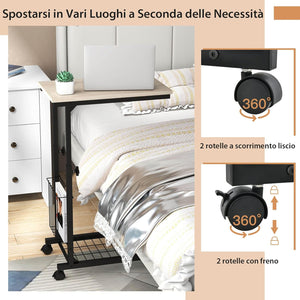 Tavolino da Salotto Moderno, Tavolino Basso Regolabile in Altezza con Ruote e Cestino Portaoggetti, Tavolino Porta PC a Forma di C da Divano e Letto per Soggiorno e Camera da Letto (Naturale)