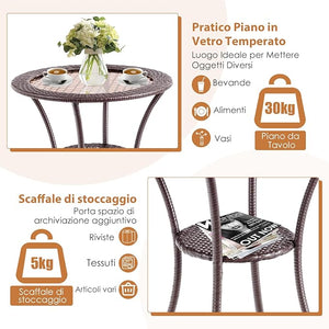 Tavolo da Giardino in Rattan PE e Vetro Temperato, Rotondo Tavolino Piccolo da Caffè Resistente alle Intemperie, per Cortile Balcone Esterno, Ø64 x 72 cm, Marrone