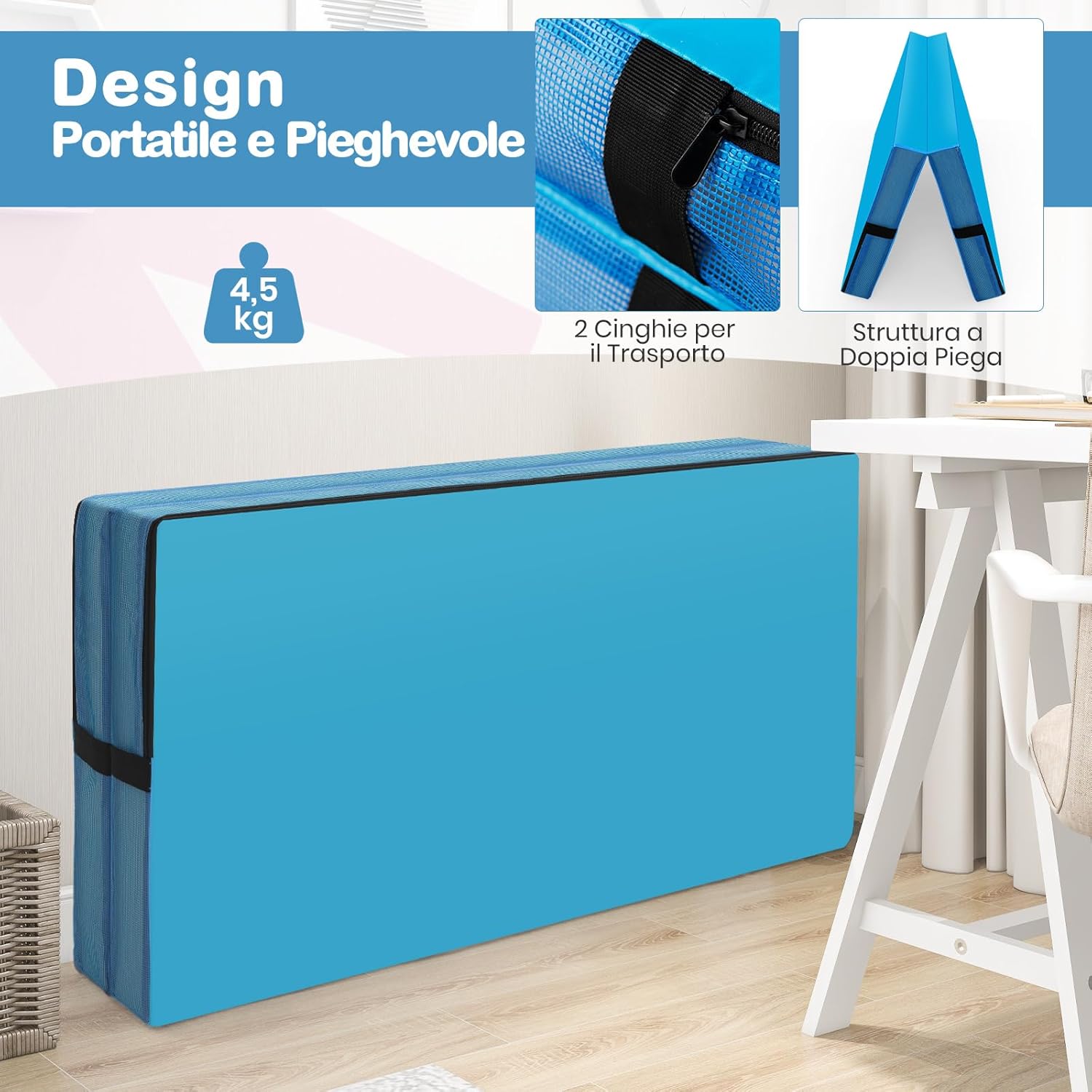 Tappetino FitnessPieghevole, Materassino per Ginnastica e Acrobatica con Rivestimento in Pelle Sintetica e Maniglie, per Esercizi a Casa per Yoga, Stretching e Pilates