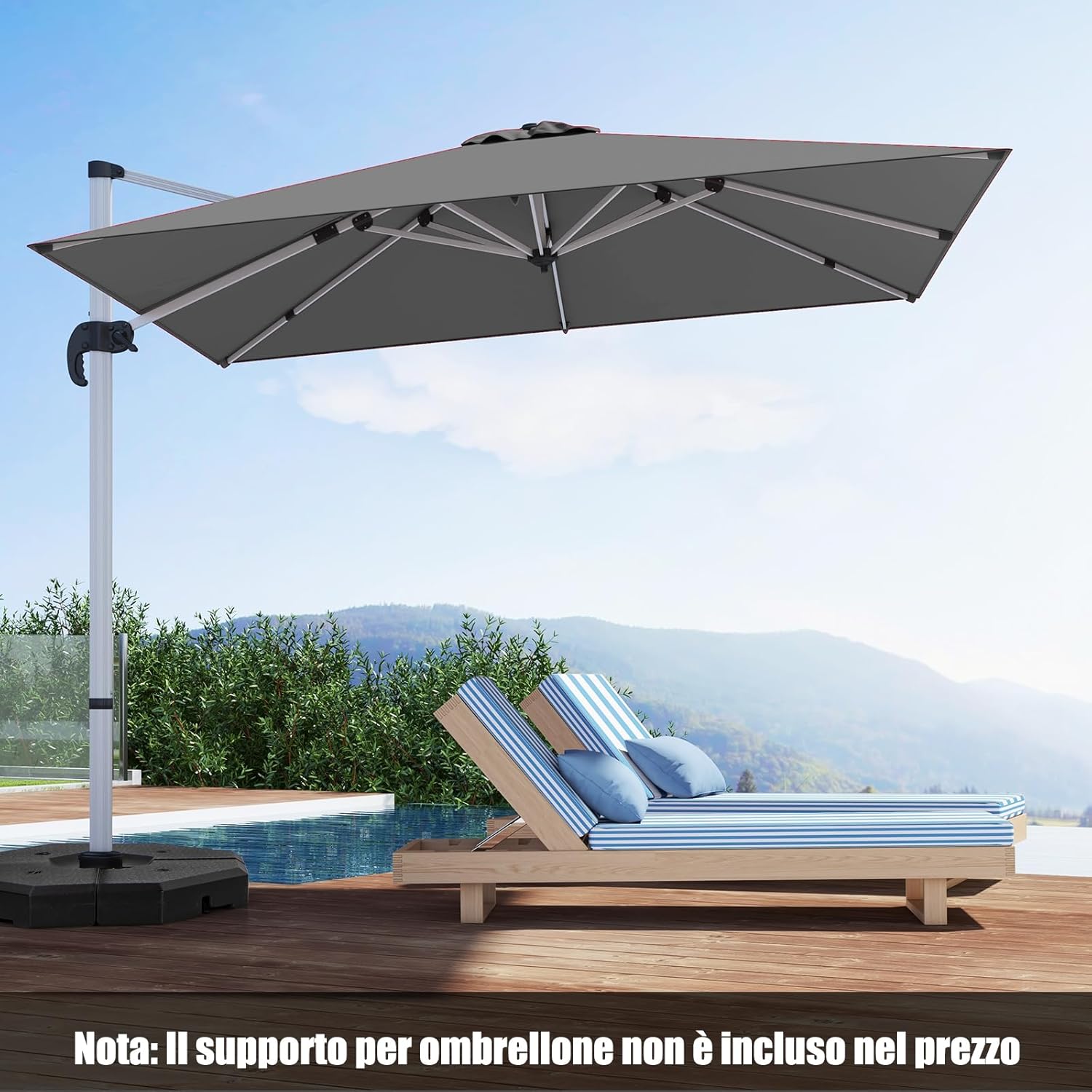 Ombrellone da Giardino 300 cm, Ombrellone Quadrato da Esterno con Rotazione a 360°, Inclinazione Regolabile, Base a Croce, 8 Stecche (Grigio, 300 x 300 x 261 cm)