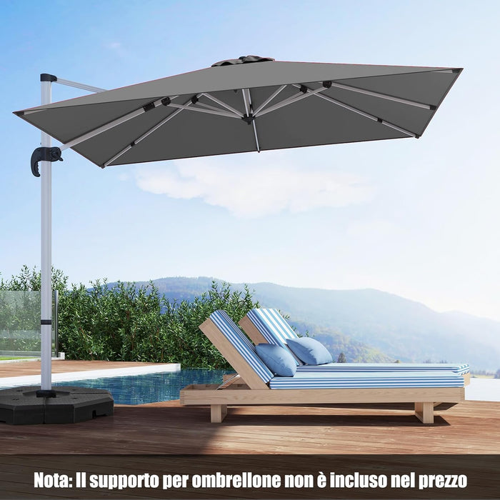 Ombrellone da Giardino 300 cm, Ombrellone Quadrato da Esterno con Rotazione a 360°, Inclinazione Regolabile, Base a Croce, 8 Stecche (Grigio, 300 x 300 x 261 cm)