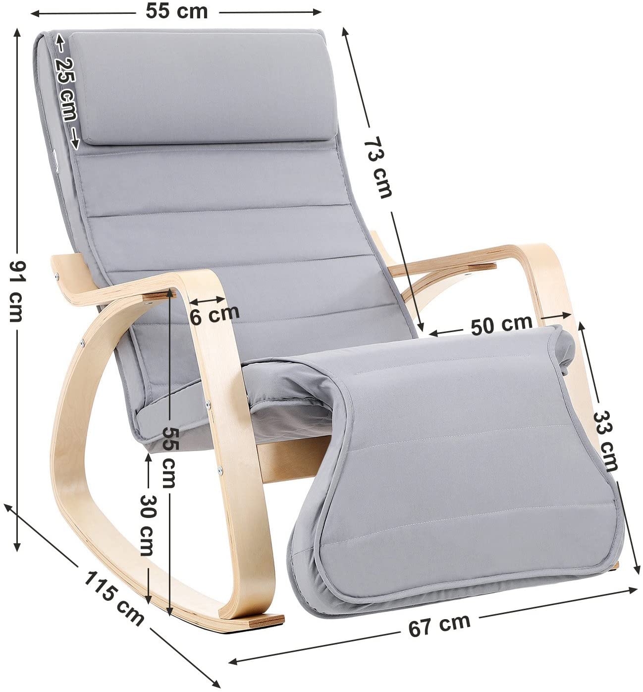 Sedia a dondolo con poggiapiedi regolabile su 5 livelli max. carico 150 kg grigio 12_0000594