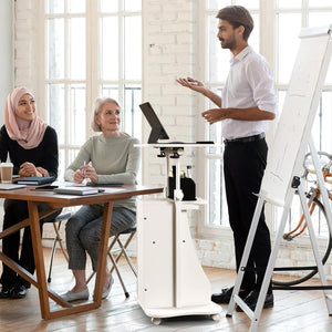 Scrivania Regolabile in Altezza con Ruote, Standing Desk Mobile con Piano Inclinabile e Scomparti, Scrivania per Laptop Ergonomica con Rotelle per Ufficio e Casa (Bianco)