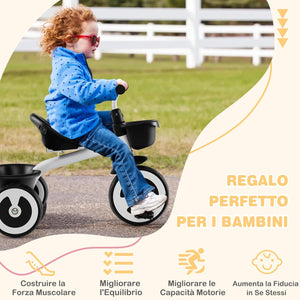 Triciclo per Bambini, Trike con Sede Regolabile Cestini Anteriori e Posteriori, Bicicletta a 3 Ruote con Telaio in Ferro Carbonioso di Alta Resistenza, per Bambini 1,5-5 Anni (Bianco)
