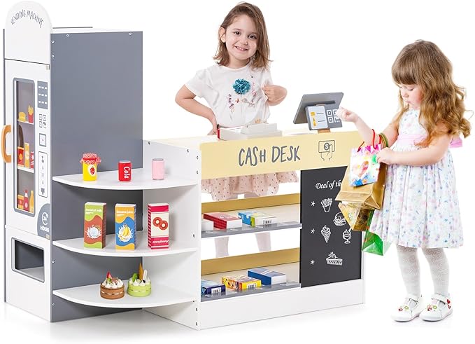 Negozio Alimentare per Bambini, Set di Giocattoli Supermercato in Legno con Cassa, Macchina POS, Distributore Automatico, Lavagna Scrivibile, per Bambini 3 - 8 Anni (Bianco)