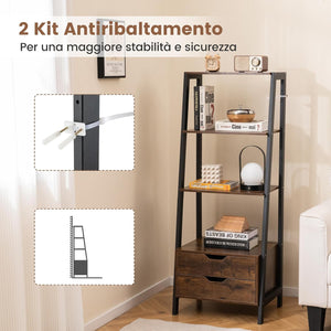 Scaffale a Scala, Libreria in Legno a 4 Ripiani con 2 Cassetti, Scaffale Salvaspazio da Terra per Camera da Letto, Studio, Ufficio e Soggiorno, 52 x 39,5 x 134 cm (Marrone)