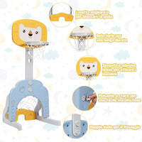 Basket per Bambini Centro attivita Multifunzione - Palla Canestro, Calcio e Golf, Mazza da Golf e Palle incluese, per Bambini, Altezza Regolabile (Leone Giallo)