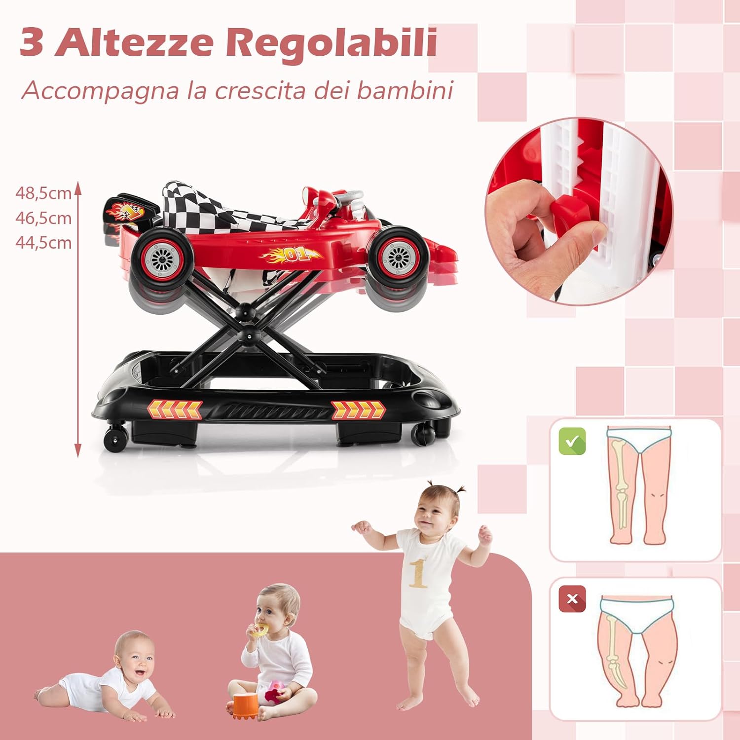 4 in 1 Girello per Bambini, Primi Bassi per Neonati con Altezza Regolabile, Girello Pieghevole con Vassoio Rimovibile, Musica e Luci, per Bambini 6+ Mesi (Rosso)