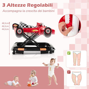 4 in 1 Girello per Bambini, Primi Bassi per Neonati con Altezza Regolabile, Girello Pieghevole con Vassoio Rimovibile, Musica e Luci, per Bambini 6+ Mesi (Rosso)
