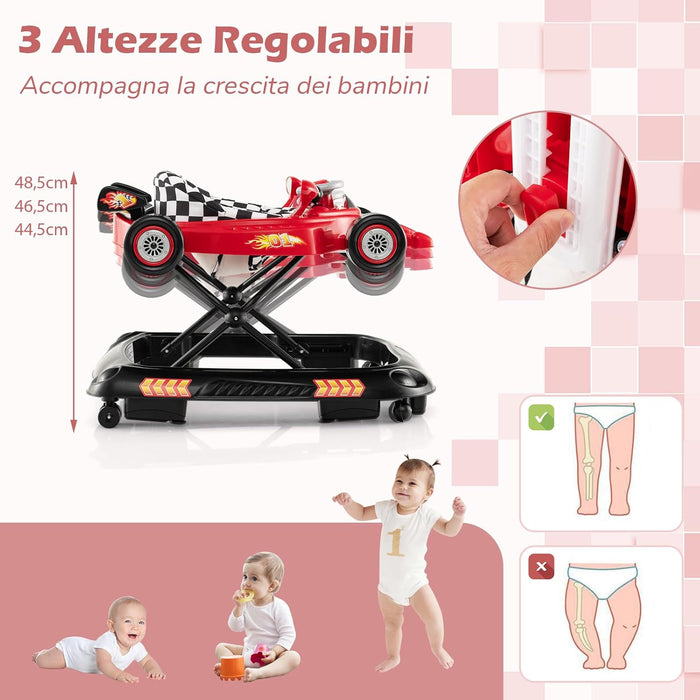 4 in 1 Girello per Bambini, Primi Bassi per Neonati con Altezza Regolabile, Girello Pieghevole con Vassoio Rimovibile, Musica e Luci, per Bambini 6+ Mesi (Rosso)