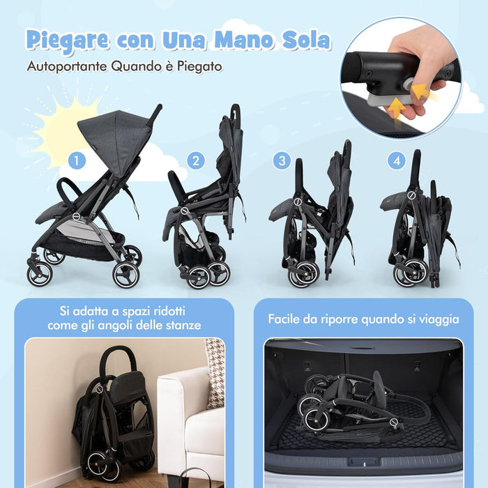 Passeggino Leggero per Bambini, Passeggino Pieghevole con Schienale Regolabile, Tettuccio, Cintura di Sicurezza a 5 Punti, Cestello Portaoggetti, per Bambini 0-36 Mesi (Grigio)