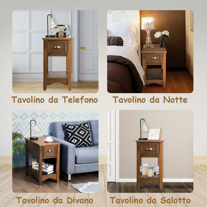 Tavolino da Salotto in Legno Massello, Comodino con 1 Cassetto e 1 Ripiano, Tavolino Basso da Soggiorno e Camera da Letto (56 x 33 x 58,5 cm, Legno, 1)