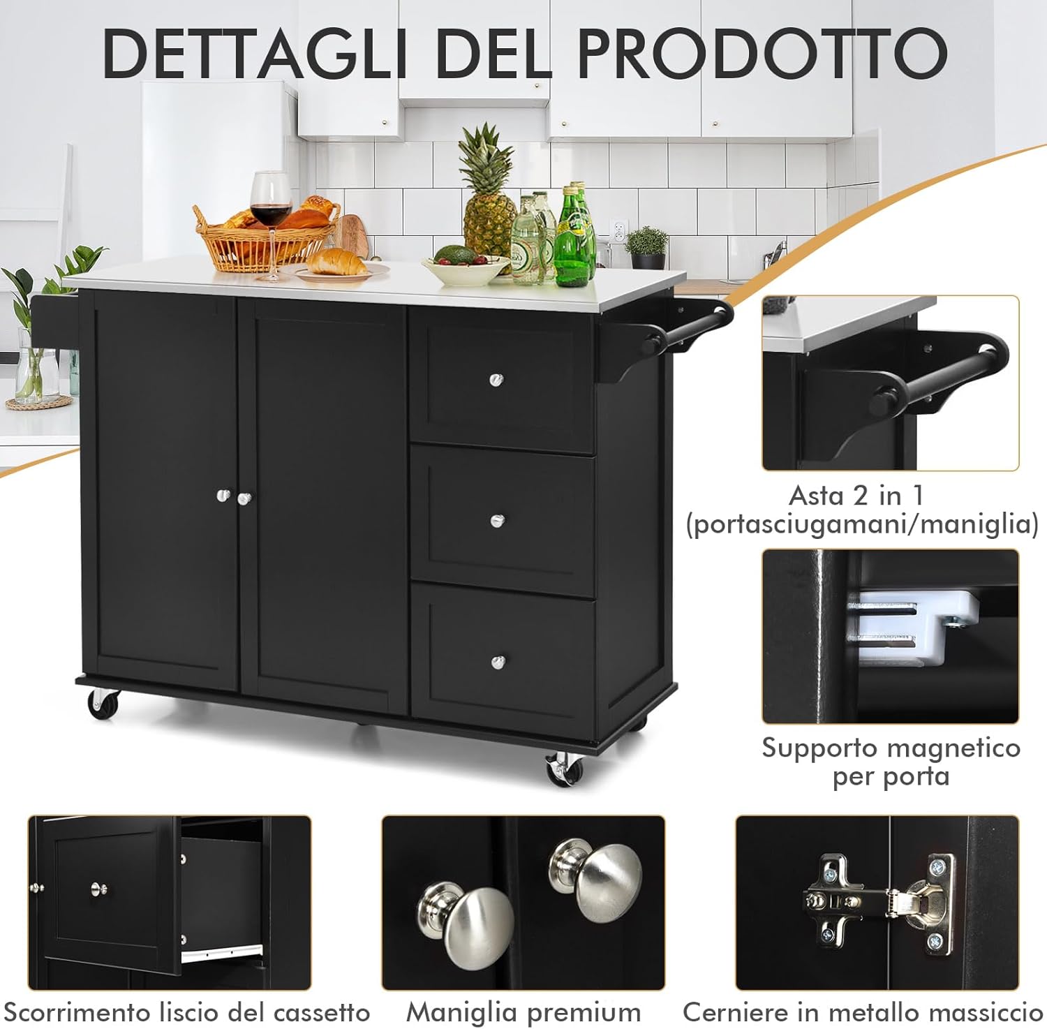 Carrello da Cucina, Isola da Cucina con Piano in Acciaio Inox, 3 Cassetti e Armadietto a 2 Ante, Ripiani Regolabili e Portasciugamani e Portaspezie, 135x45,5x 91,5 cm (Nero)