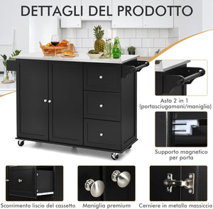 Carrello da Cucina, Isola da Cucina con Piano in Acciaio Inox, 3 Cassetti e Armadietto a 2 Ante, Ripiani Regolabili e Portasciugamani e Portaspezie, 135x45,5x 91,5 cm (Nero)