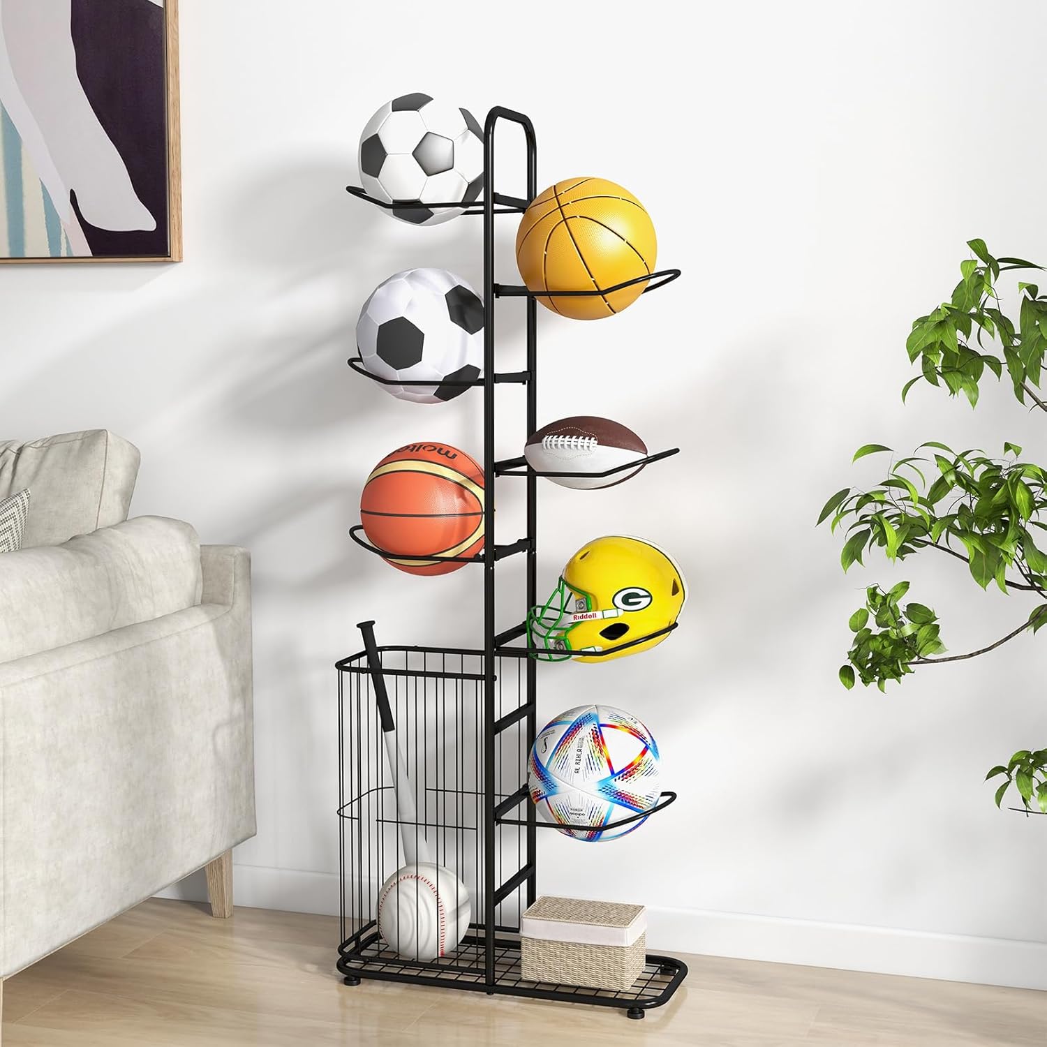 Scaffale Portapalle a 7 Livelli, Porta Pallacanestro in Metallo con 7 Asticelle Rimovibili e Cestino Laterale per Palline, Organizzatore Attrezzature Sportive con Piedini Regolabili