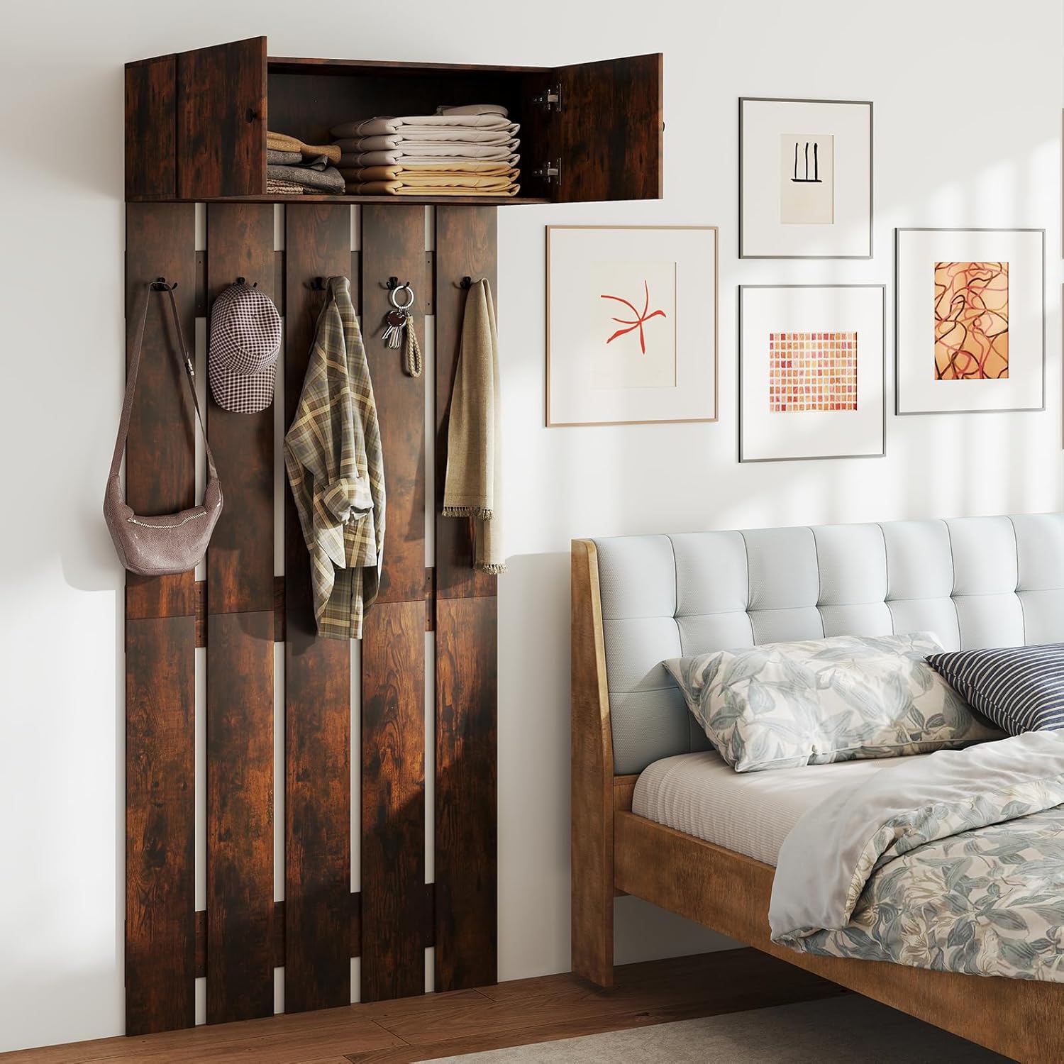 Appendiabiti da Parete per Ingresso, Attaccapanni in Legno con 5 Ganci Doppi e Armadietto a 2 Ante, Mensola Salvaspazio per Camera da Letto, Soggiorno e Cucina, 90 x 33 x 210 cm (Marrone)