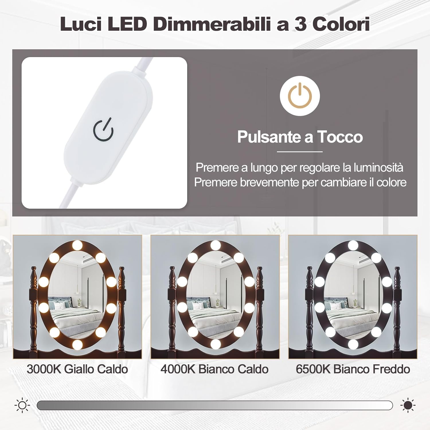 Toeletta Trucco con Specchio e 10 Luci LED, Luminosit¨¤ Regolabile, Postazione Trucco con Sgabello Imbottito, Tavolo da Trucco Scrivania con 4 Cassetti Camera da Letto (Nero)