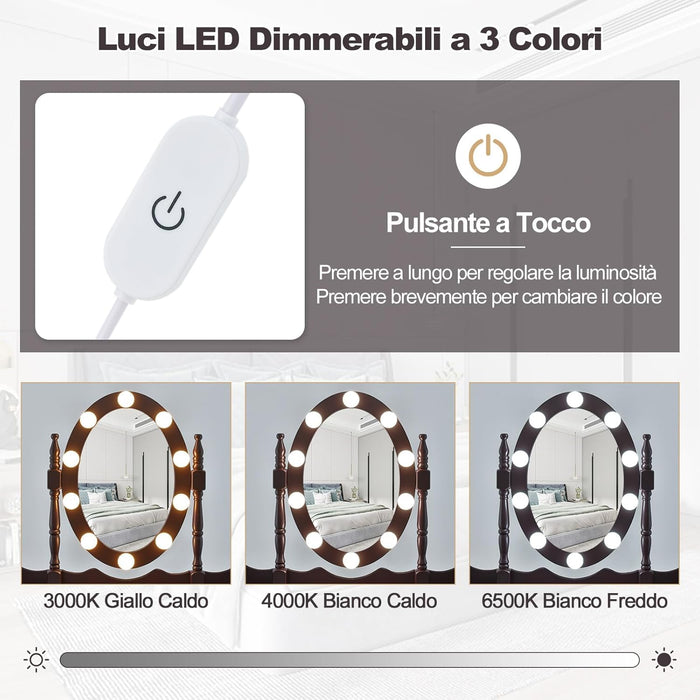 Toeletta Trucco con Specchio e 10 Luci LED, Luminosit¨¤ Regolabile, Postazione Trucco con Sgabello Imbottito, Tavolo da Trucco Scrivania con 4 Cassetti Camera da Letto (Nero)