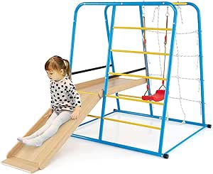 6 in 1 Set da Arrampicata per Bambini, Set Giocattoli di Metallo con Scivolo Altalena Sbarre Scala da Arrampicata e Parete di Corda, Parco Giochi per Bambini 3 Anni+