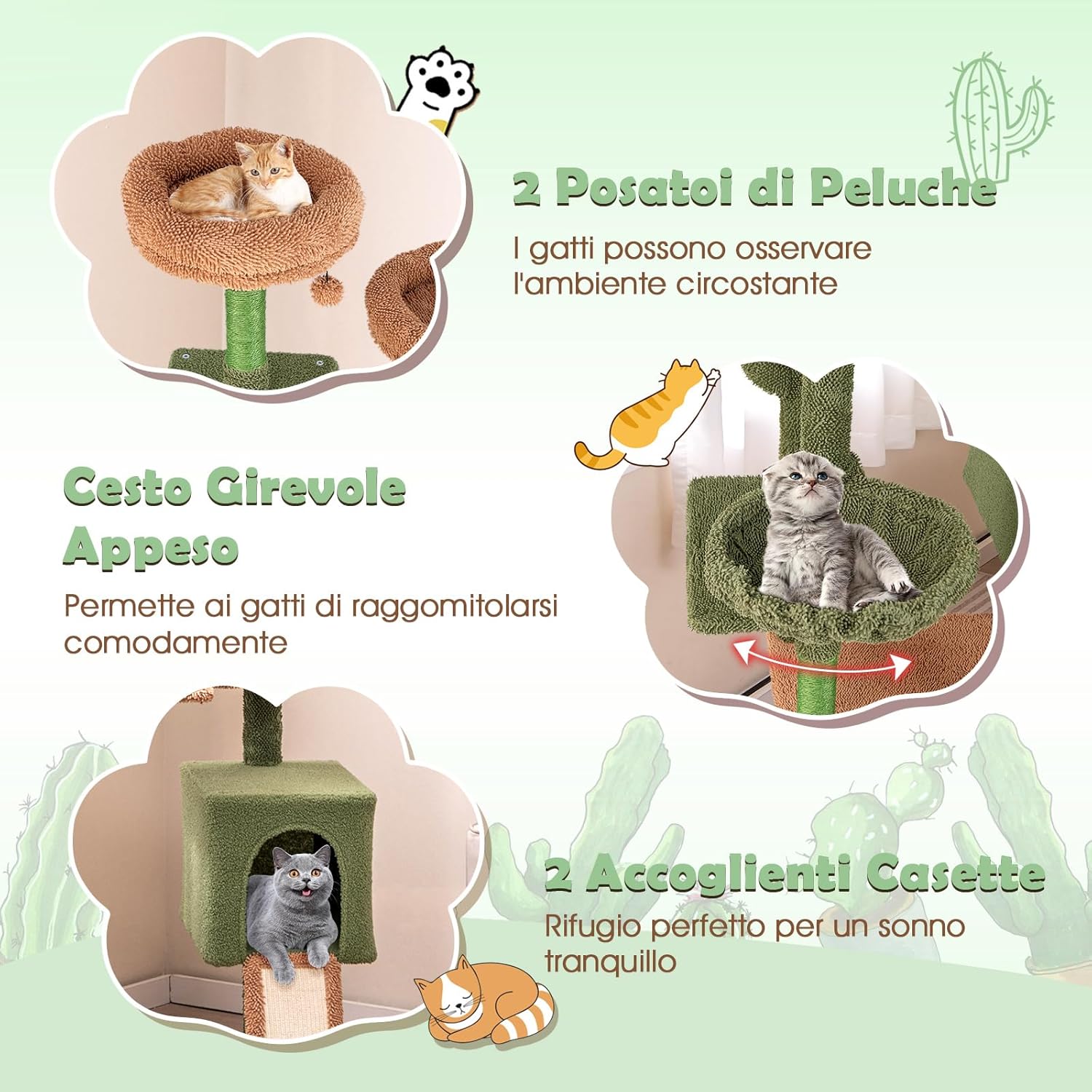 Tiragraffi per Gatti 160 cm, Torre per Gatti con Pali di Graffiatura in Sisal e Scala, Doppi Condomini & Perch in Peluche e Giocattoli Appesi, Albero per Gatti a Cactus per Gattini