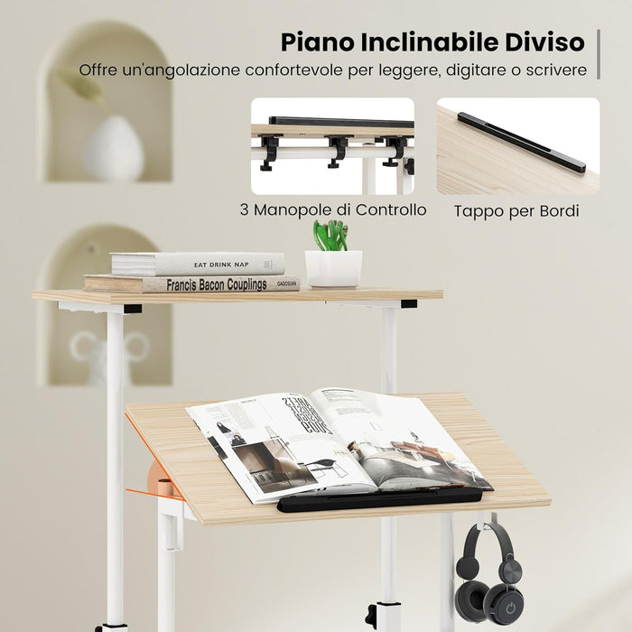 Scrivania per Computer Regolabile in Altezza, Postazione di Lavoro per Computer con Ruote e Ganci, Tavolo Porta PC per Studio e Ufficio, 60 x 60 x 72-124 cm (Naturale)