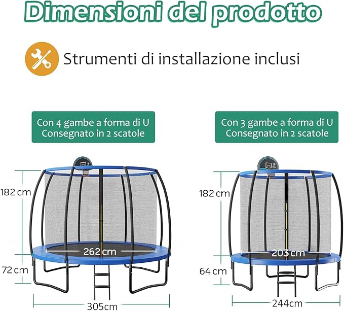 Trampolino Elastico per Bambini 245/333/367 cm Certificato GS, Tappeto Elastico con Rete, Anello da Basket, Scaletta con 2 Gradini, Palla da Basket e Pompa, Portata 100 kg