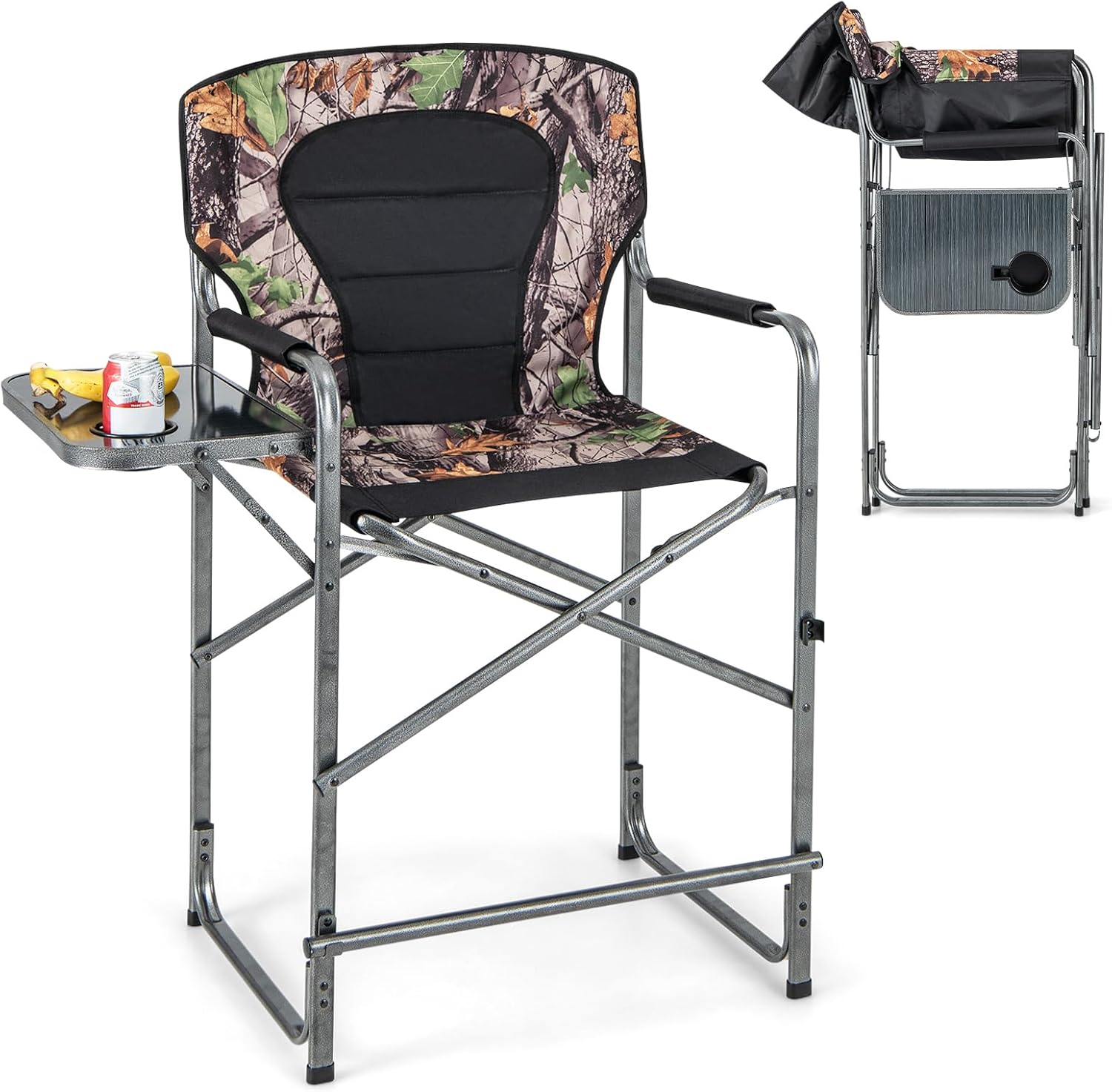 Set da Caccia Pieghevole per Esterno, Sedili da Caccia con Braccioli e Schienale, con Poggiapiedi Rimovibile, Tavolino Laterale, Supporto Fino a 150 kg