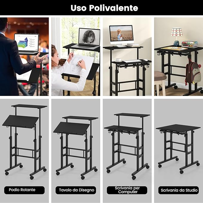 Scrivania per Computer Regolabile in Altezza, Scrivania Salvaspazio con Ruote e Ganci, Tavolo Porta PC per Studio e Ufficio, 60 x 60 x 72-124 cm (Nero)