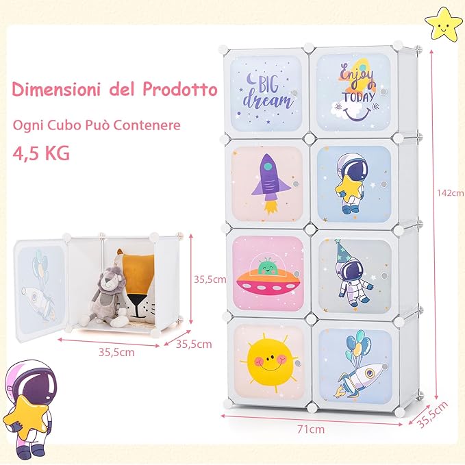 Armadio Portatile per Bambini, Organizzatore Modulari per Bambini a 8 cubi con Ante e Sezione Appendiabiti, Guardaroba Portatile per Sala Giochi Camera da Letto Asilo, 71x35,5x142 cm (Bianco)