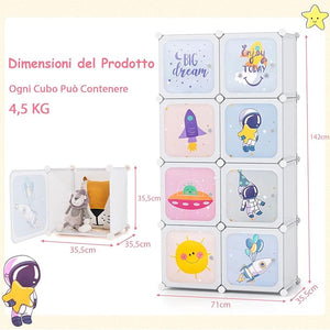 Armadio Portatile per Bambini, Organizzatore Modulari per Bambini a 8 cubi con Ante e Sezione Appendiabiti, Guardaroba Portatile per Sala Giochi Camera da Letto Asilo, 71x35,5x142 cm (Bianco)