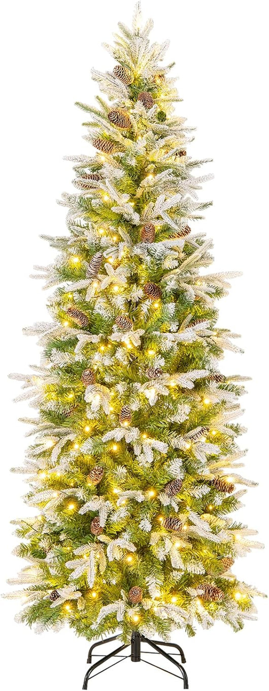 Albero di Natale Slim Pre-Luminoso 190 CM, Albero di Natale Artificiale Innevato con 280 Luci LED Bianche Calde, Rami Articolati e 671 Punte e 60 Pigne, Ideale per Casa, Negozio e Ufficio
