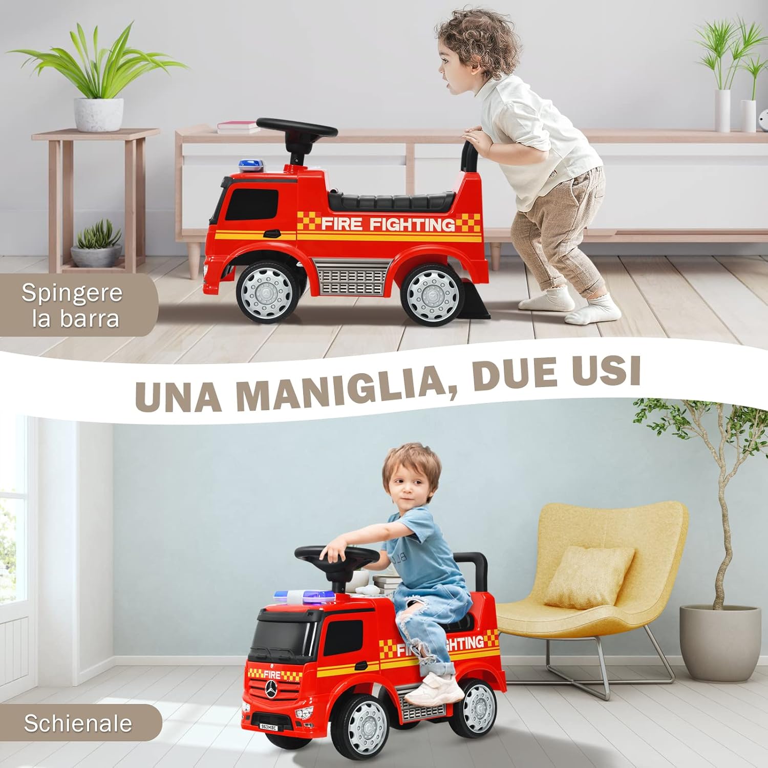 Camion dei Pompieri per Bambini, Macchinina Cavalcabile per Bambini, con Volante, Schienale, Macchina Cavalcabile con Piedi a Terra, Regalo per Bambini, Rosso