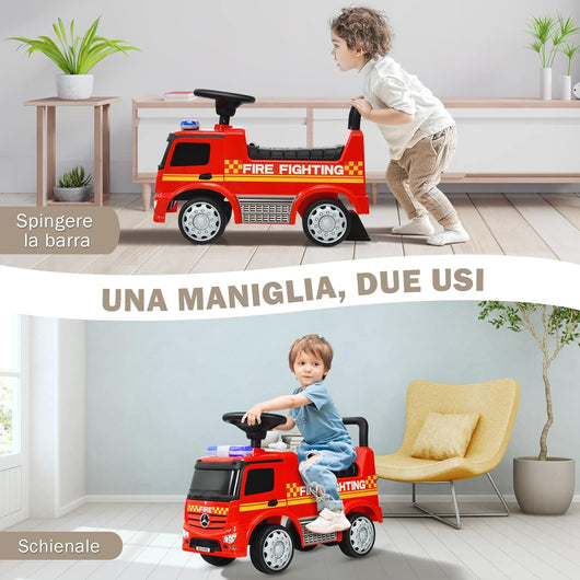 Camion dei Pompieri per Bambini, Macchinina Cavalcabile per Bambini, con Volante, Schienale, Macchina Cavalcabile con Piedi a Terra, Regalo per Bambini, Rosso