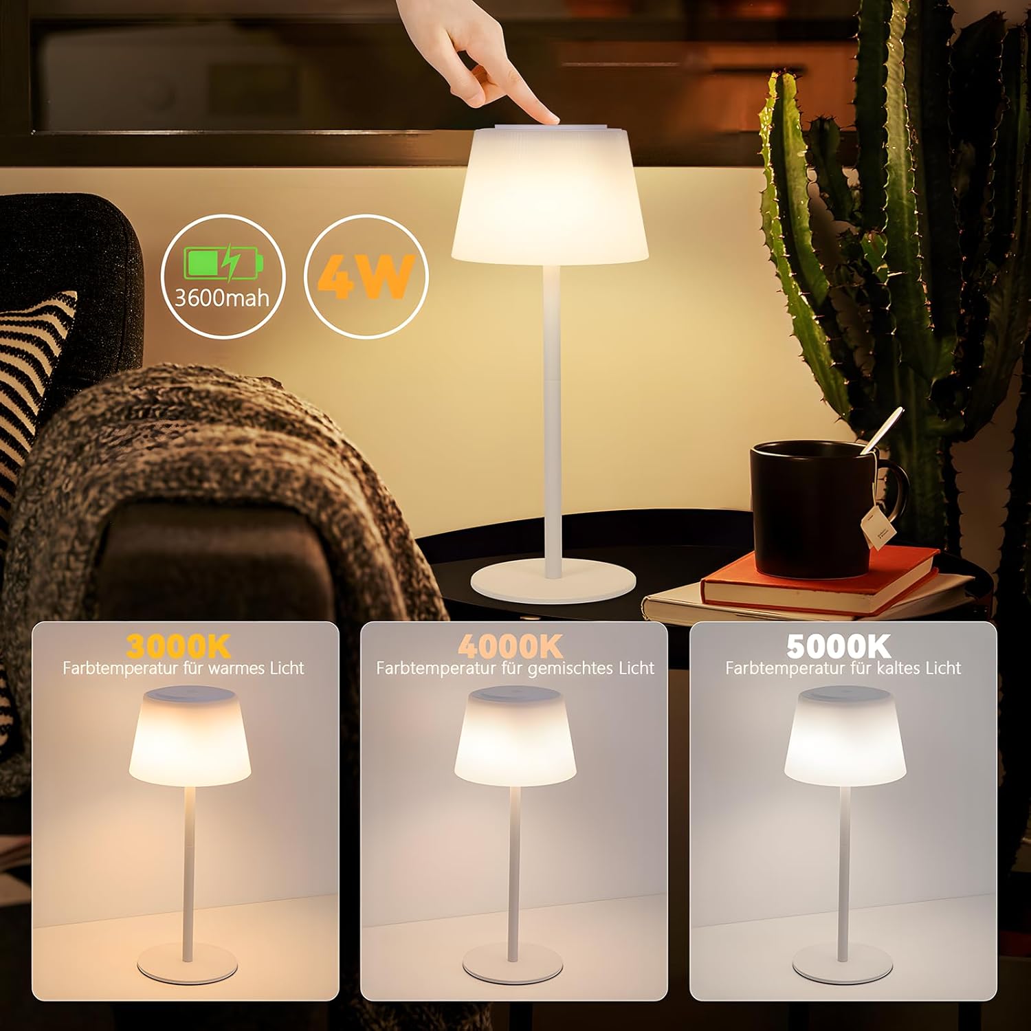 ZMH Lampada da tavolo LED moderna touch dimmerabile 3600mAh batteria per soggiorno