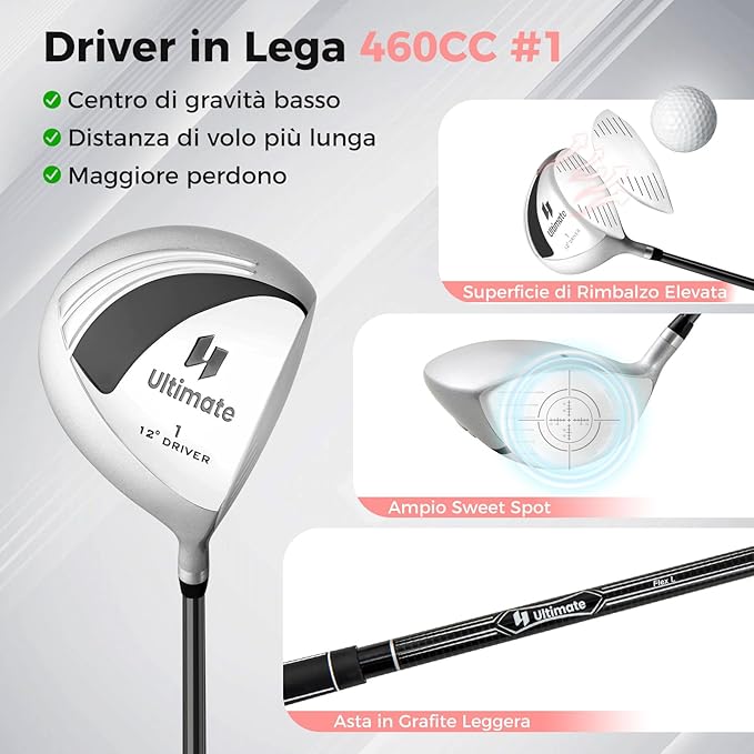 Set Completo di Mazze da Golf da Dona, Include Driver 460CC 1, Fairway 3, Ibrido 4, Ferri 6, 7, 8, 9 e P, Putter, 3 Copri Mazzetta e 1 Borsa per Destrimano