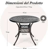 Tavolo da Pranzo Giaridno 91 cm, Tavolo da Bistro con Foro per Ombrellone da 5 cm, Tavolino Rotondo per Giardino Balcone Terazza, Portata 75 kg