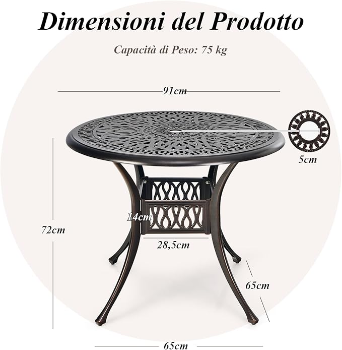 Tavolo da Pranzo Giaridno 91 cm, Tavolo da Bistro con Foro per Ombrellone da 5 cm, Tavolino Rotondo per Giardino Balcone Terazza, Portata 75 kg