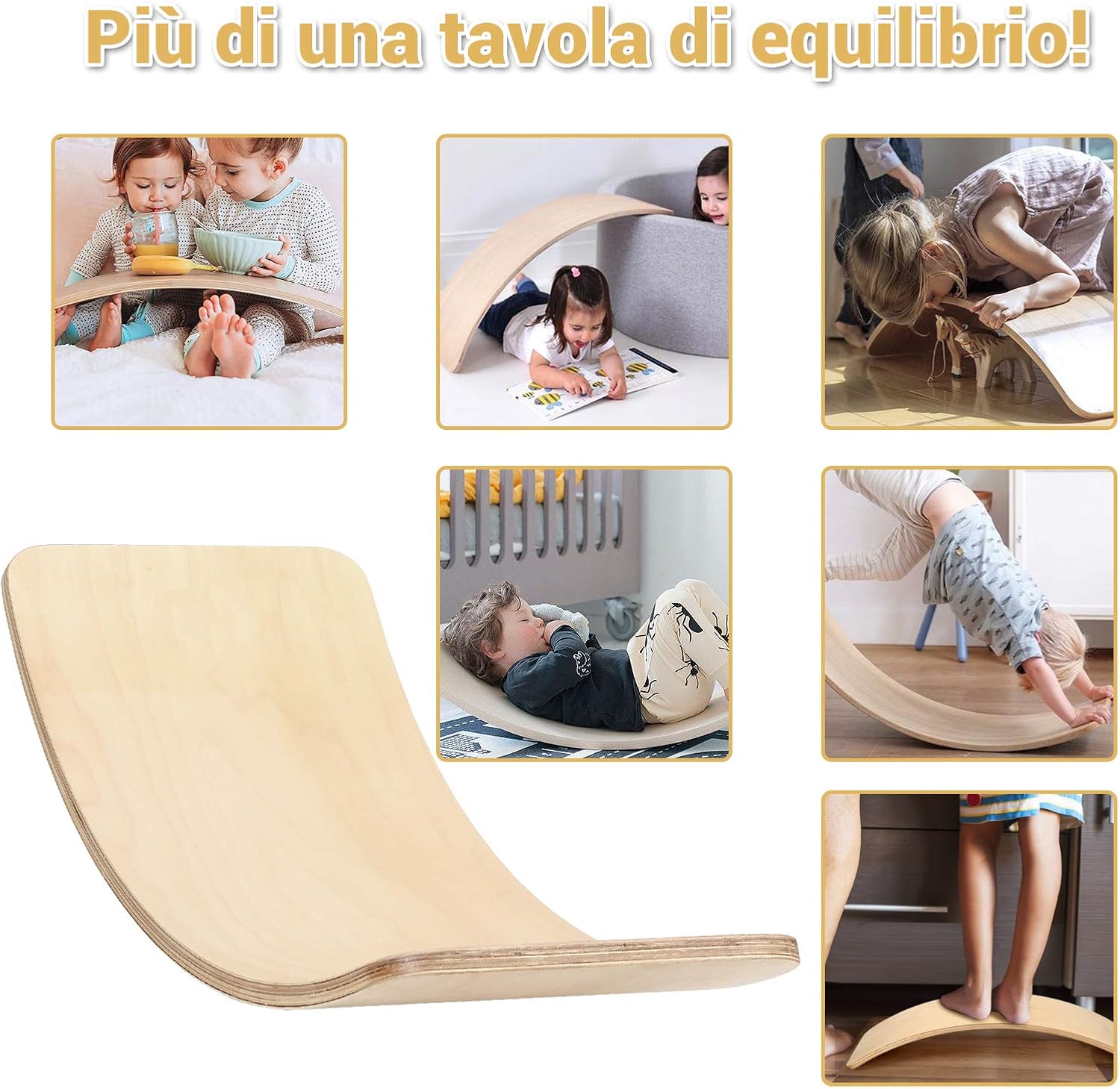 Pedana di Equilibrio Balance Board Curvo in Legno per Bambini, Capacità di Carico 220kg (90 x 40 x 19 cm)