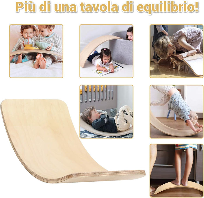 Pedana di Equilibrio Balance Board Curvo in Legno per Bambini, Capacità di Carico 220kg (90 x 40 x 19 cm)