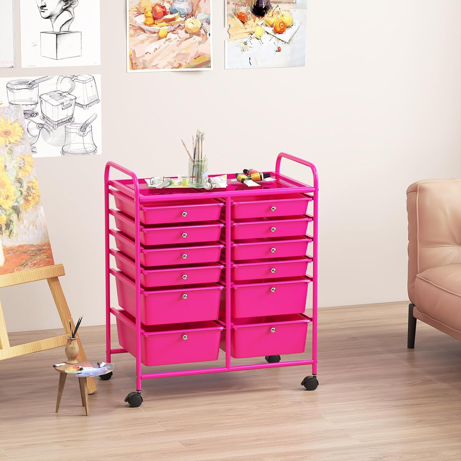 Carrello con 12 Cassetti con Ruote, Carrello di Stoccaggio Multiuso con Ampio Spazio di Archiviazione, Ideale per Casa Ufficio Domestico, 73,5 x 37 x 63 cm (Rosa)