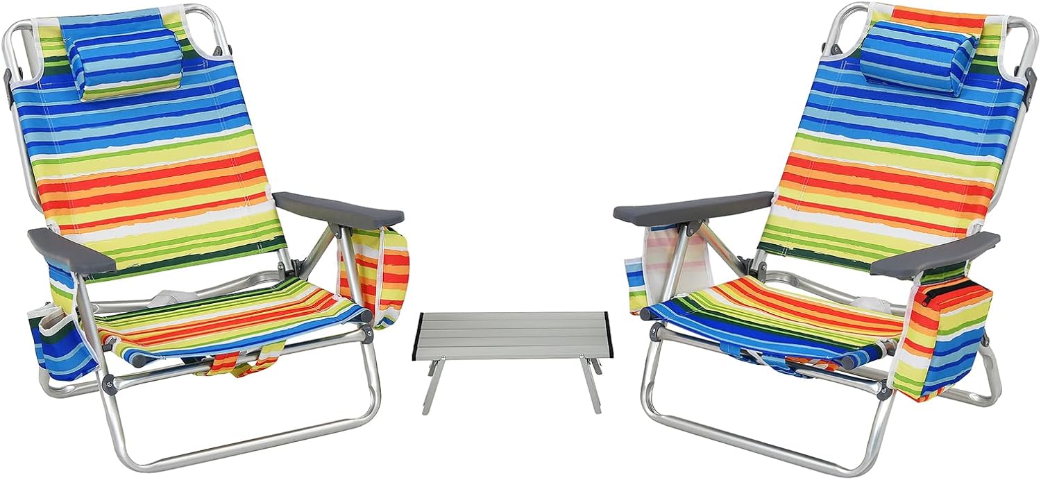 Set di Sedie da Spiaggia e Tavolino, Sedie da Esterno Reclinabili con Tavolino da Campeggio, Set di Tavolino in Alluminio e 2 Sedie Pieghevoli da Spiaggia a 5 Posizioni (Blu+Giallo)