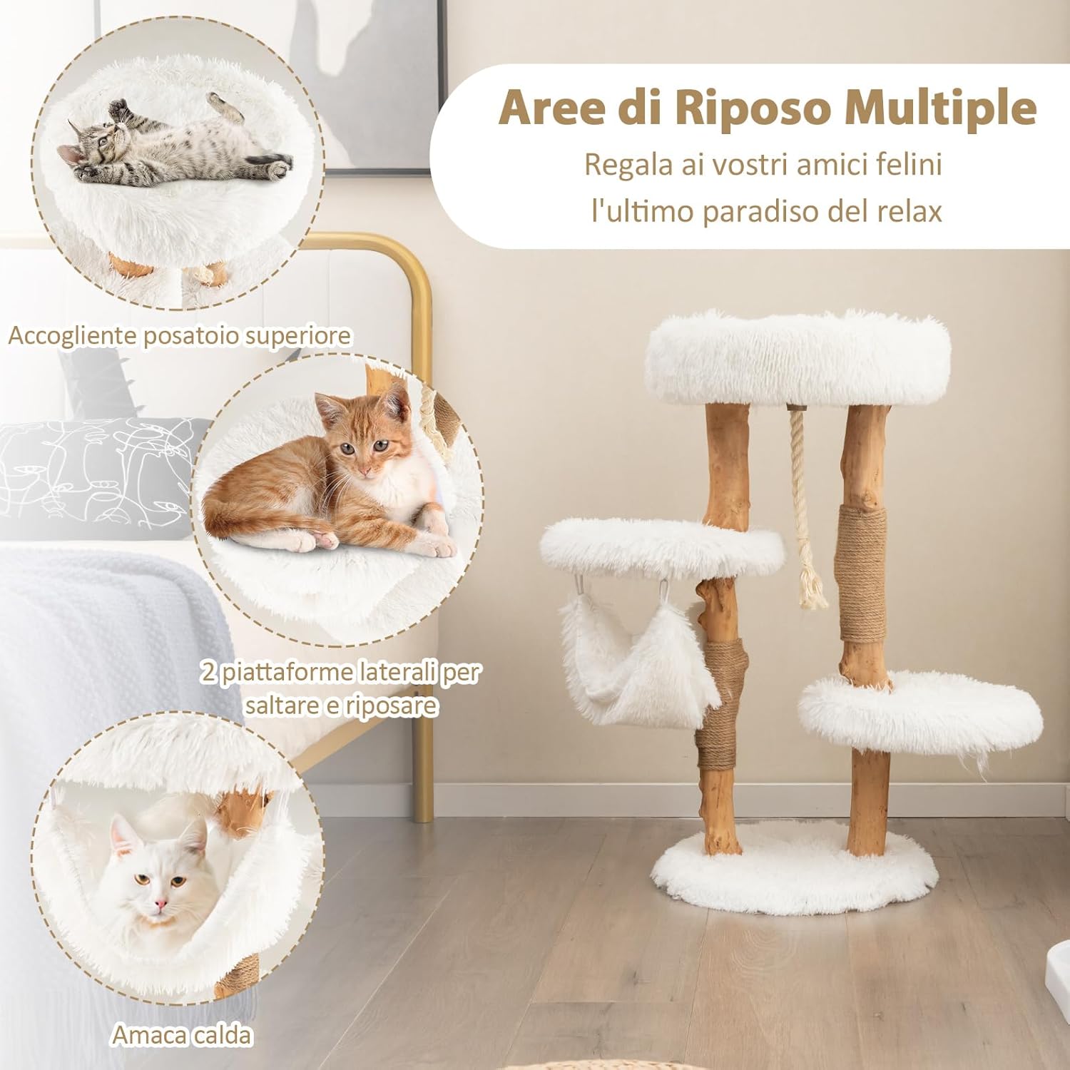 Albero per Gatti in Legno Alto 87 cm con Amaca, Albero Tiragraffi per Gatti a 5 Livelli, con Piattaforma Superiore, Mobile per Gatti da Interno, Bianco