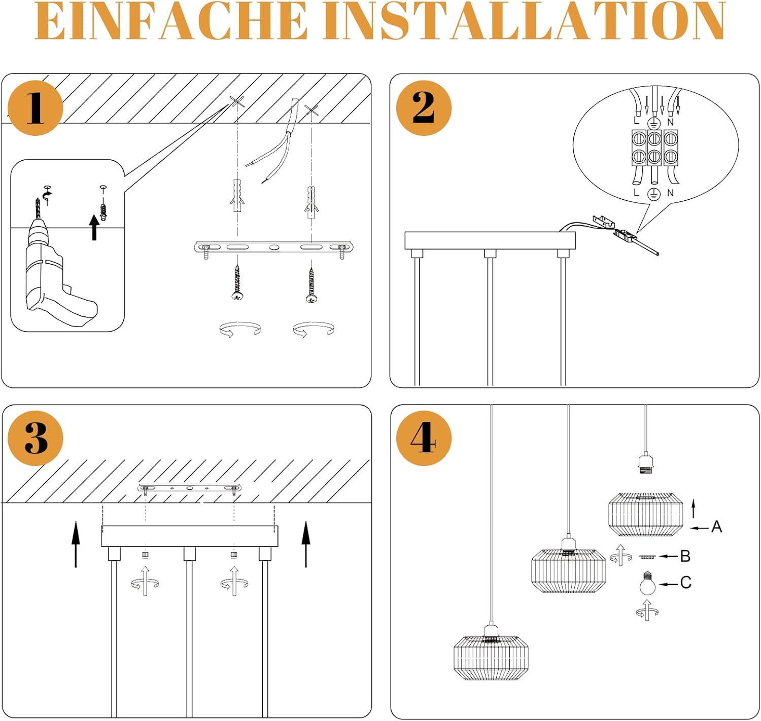 Lampada a sospensione ZMH vintage a 3 luci E27 per sala da pranzo (lampadina non inclusa)