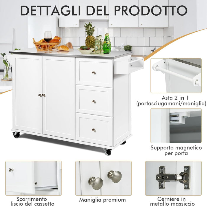 Carrello da Cucina, Isola da Cucina con Piano in Acciaio Inox, 3 Cassetti e Armadietto a 2 Ante, Ripiani Regolabili e Portasciugamani e Portaspezie, 135x45,5x 91,5 cm (Bianco)