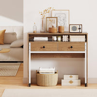 Scrivania per Computer, Tavolo Salvaspazio Retrattile con Cassetti e Ruote Universali Bloccabile, 100 x 63 x 88 cm, Desk Gaming per Ufficio, Soggiorno e Camera da Letto (Naturale)