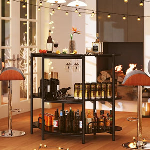 Tavolo da Bar 120 x 66 x 102 cm, Portabottiglie Vino a 3 Ripiani con Portabicchieri e Mensole di Stoccaggio, Isola Cucina Industriale per Bistro (Nero)