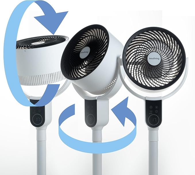 Innoliving Ventilatore a Piantana Digitale High Tech INN-534, Slim Design, Display Touch, Telecomando, Oscillazione 3D, Timer 12h, 3-12 Velocità, 50W, Ventilazione Potente fino a 5m