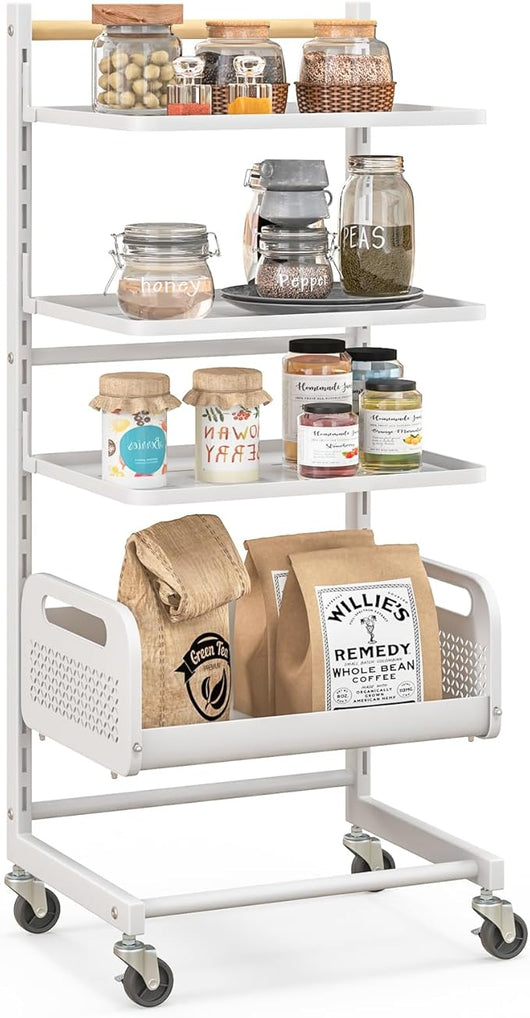 Carrello Portaoggetti a 4 Ripiani, Carrello Rotante Multiuso in Metallo con Ripiani Regolabili, Manico in Legno di Gomma e Ruote Universali Bloccabili, 35,5 x 29 x 84,5 cm